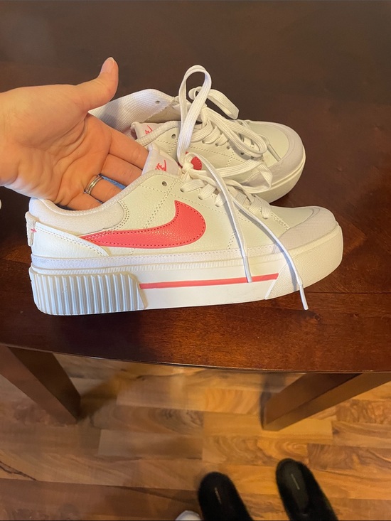 Nike Shoes - Nike White Low-Top Platform Sneakers with Pink Swoosh
